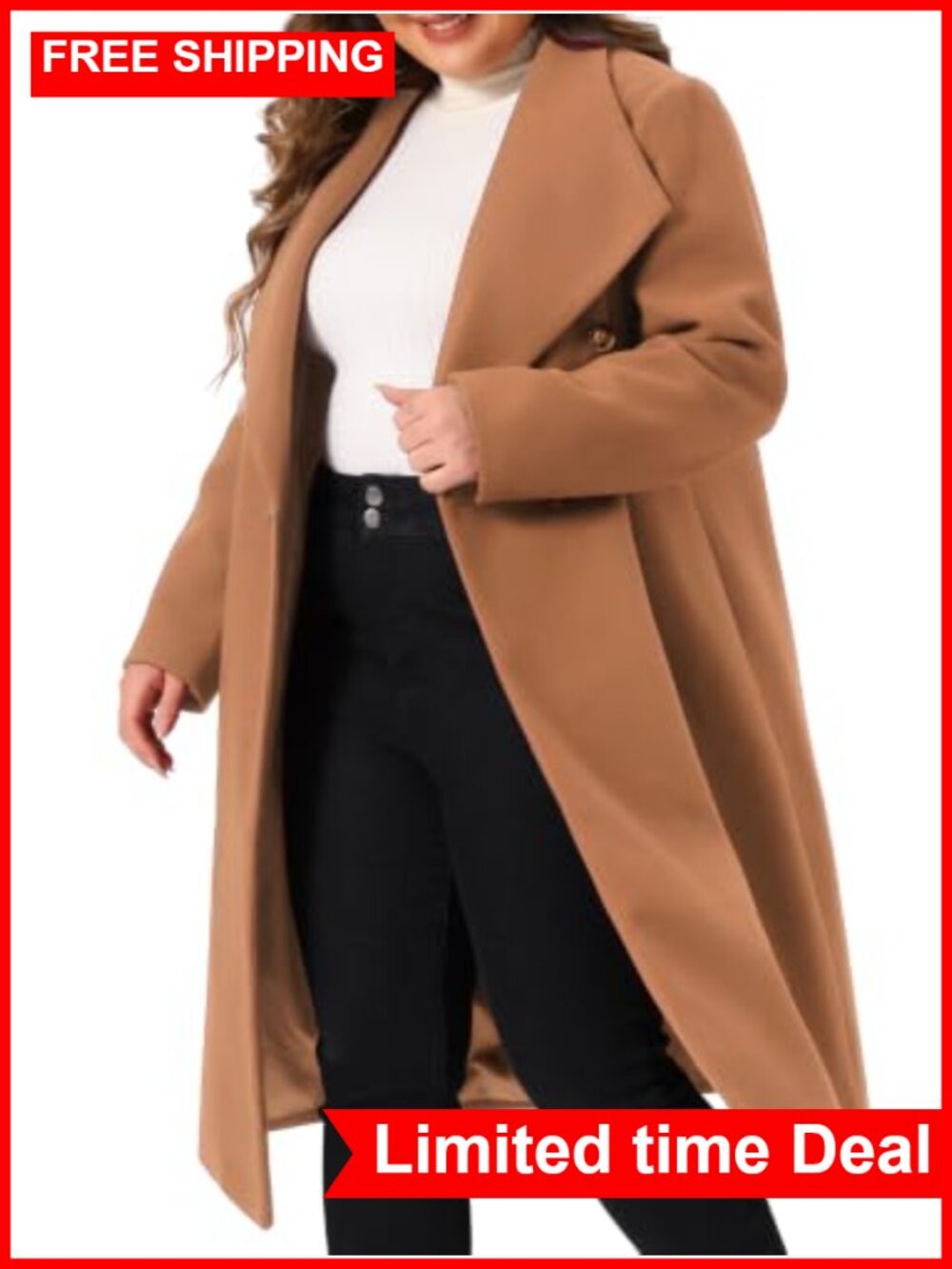 Plus Size Peacoat Overcoat Women Notch Lapel Double Breasted Trench Coat